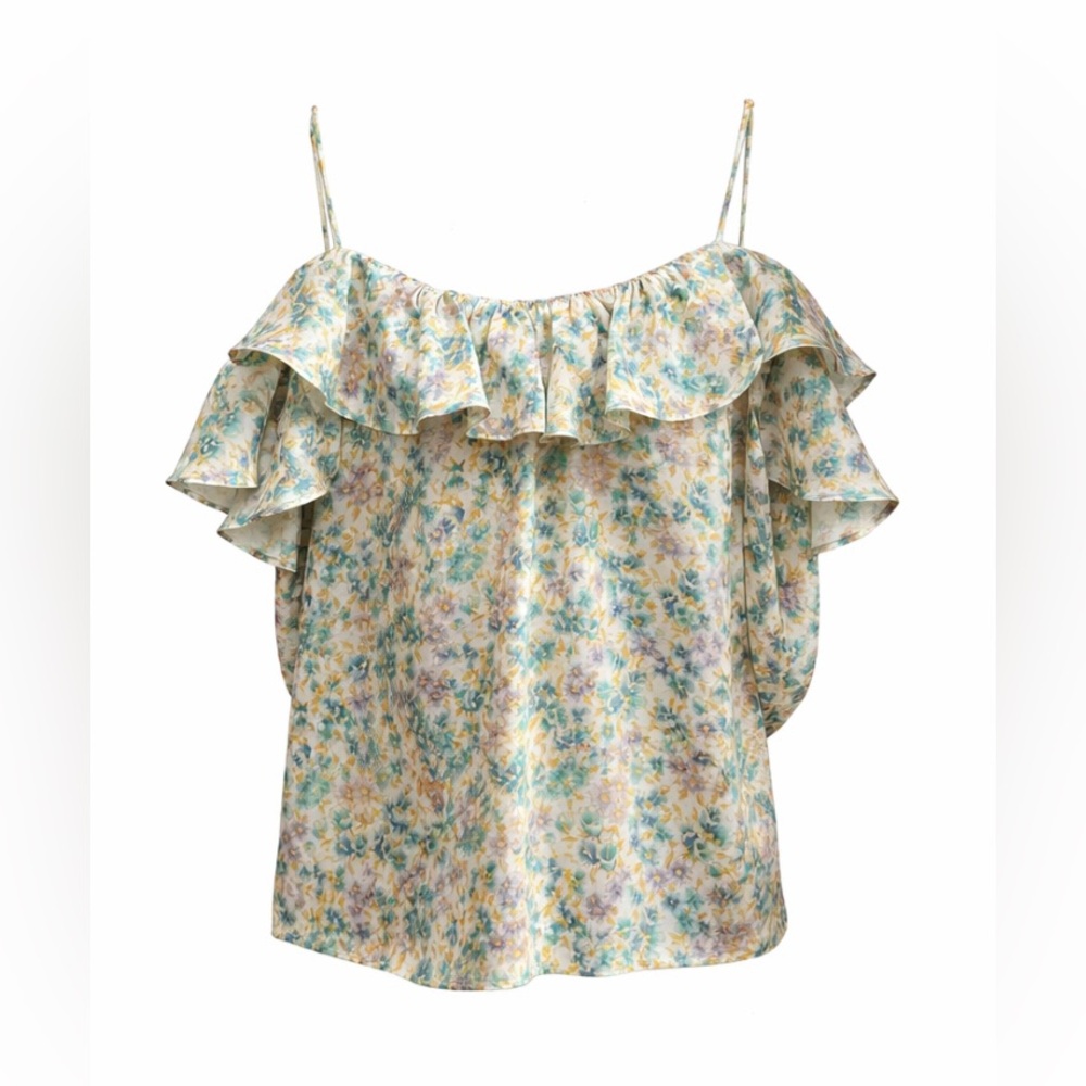 Zara Floral Ruffle Off-Shoulder Camisole Women’s Top Size M Pastel Boho Blouse